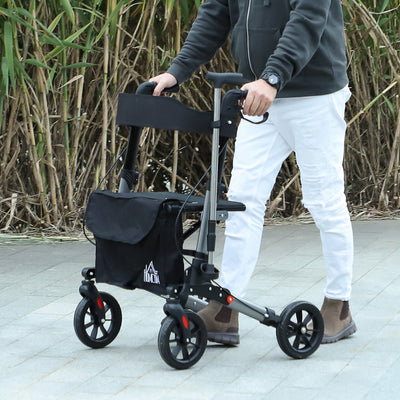 HOMCOM 4 Wheel Rollator with Seat and Back, Folding Mobility Walker with Carry Bag, Adjustable Height, Dual Brakes, Cane Holder, Lightweight Aluminium Walking Frame for Seniors and Disabled, Silver 