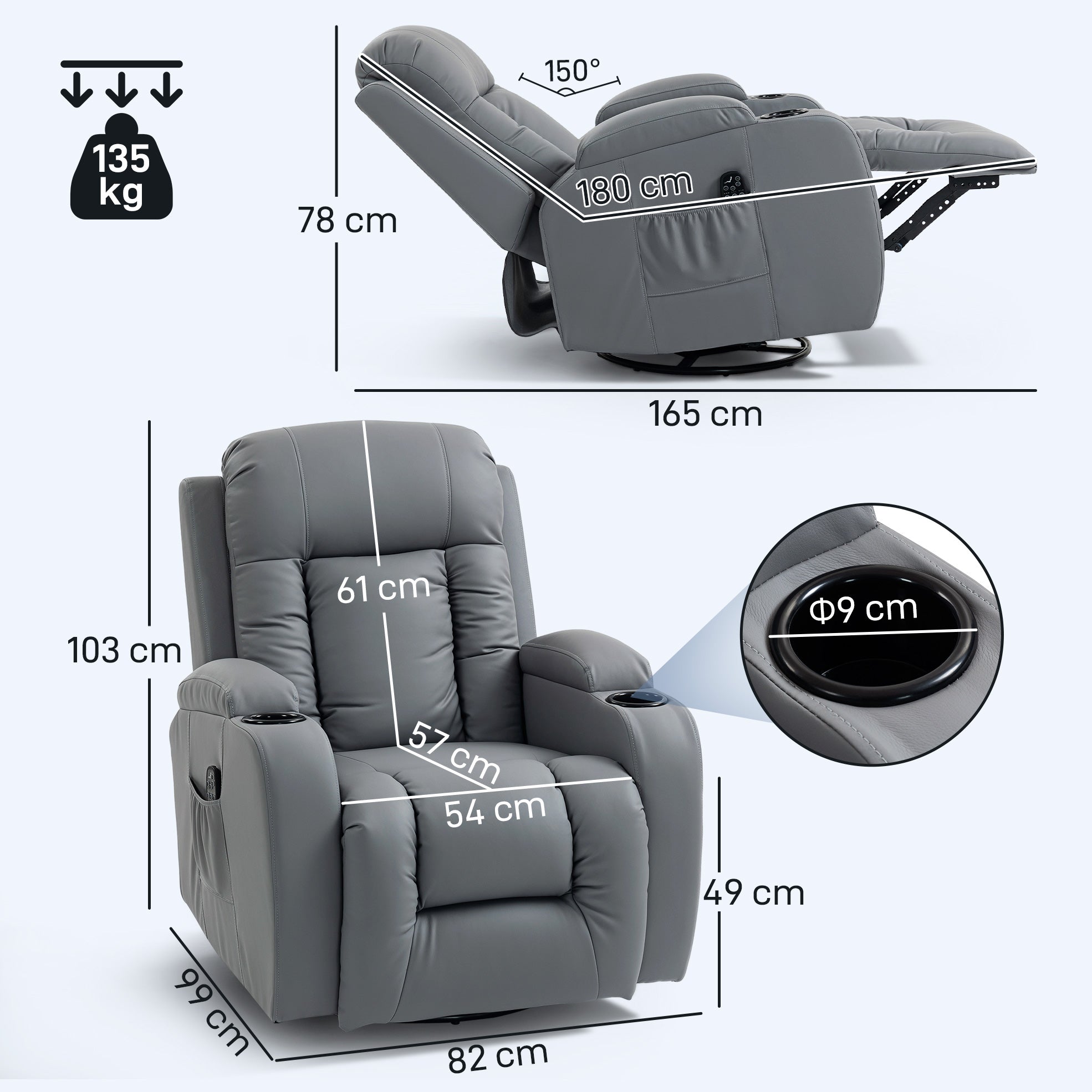 HOMCOM Massage Recliner Armchair, PU Leather Recliner Chair, Grey 