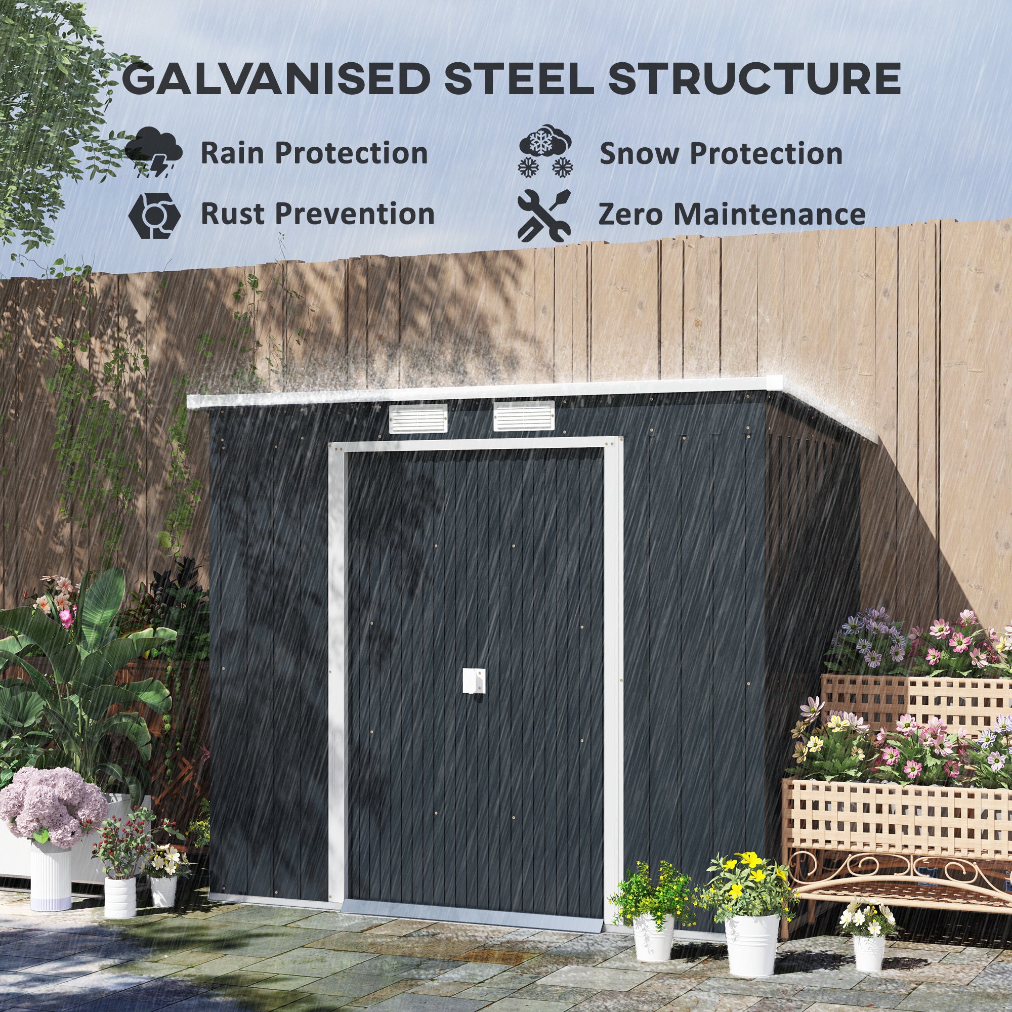 Outsunny 7 x 4ft Galvanised Steel Garden Shed, with Foundation Kit - Dark Grey