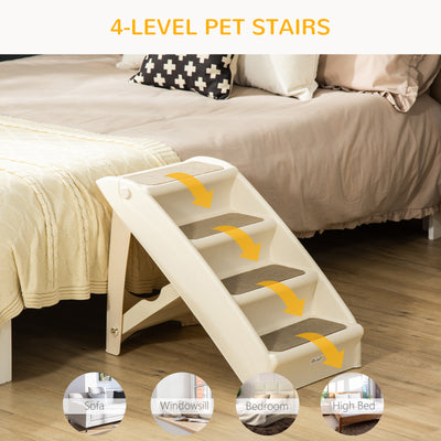 PawHut Foldable Four-Step Pet Stairs, for Cats, Small Miniature Dogs, with Non-Slip Mats 62 x 38 x 49.5cm - Beige 