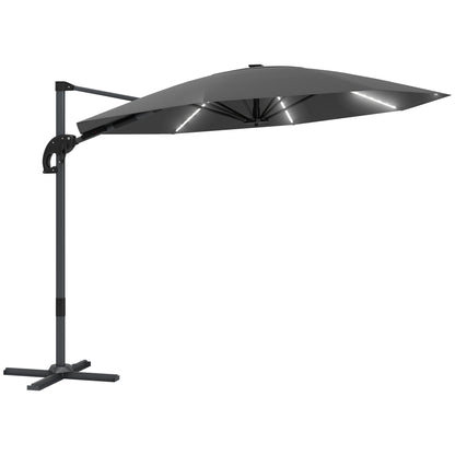Outsunny 3(m) Cantilever Garden Parasol with Solar Powered Lights, Crank Handle & Cross Base, UPF 50+, 360° Rotation, Dark Grey 
