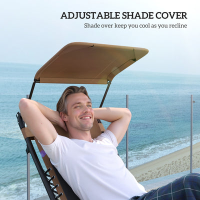 Outsunny Zero Gravity Lounger Chair Set of 2, Folding Reclining Patio Chair with Shade Cover, Cup Holder, Soft Cushion and Headrest for Poolside, Camping, Coffee 