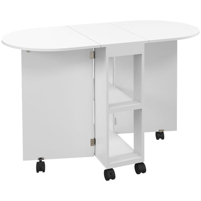 HOMCOM Four-Person Drop Leaf Dining Table, with Wheels - White 