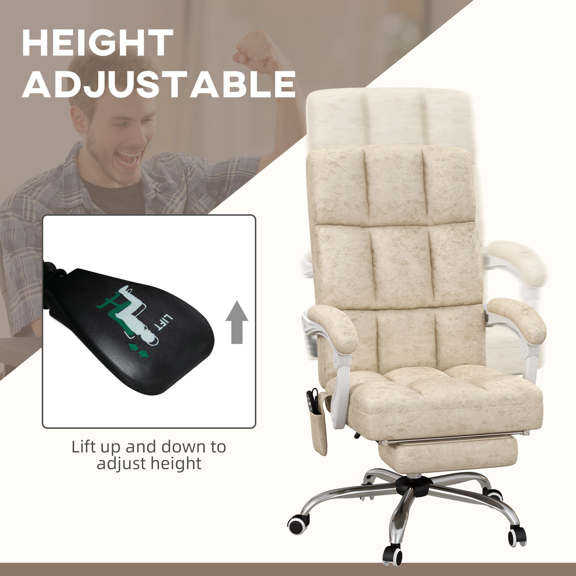 Vinsetto Massage Office Chair, Ergonomic Desk Chair, Comfy Work Study Chair with Heat, Padded Seat, 135\'c2\'b0 Reclining Back and Footrest for Home Office, Beige
