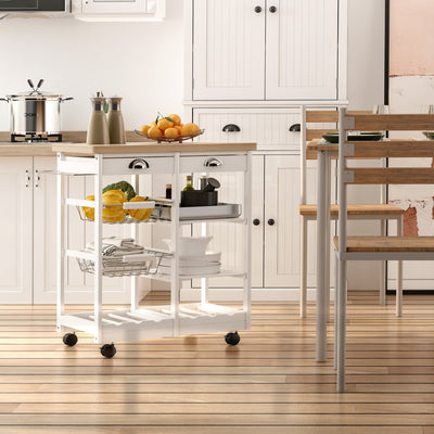 HOMCOM Rolling Kitchen Island Trolley Cart Drawer Shelves Basket Wheels W/  6 Bottle Wine Rack White 