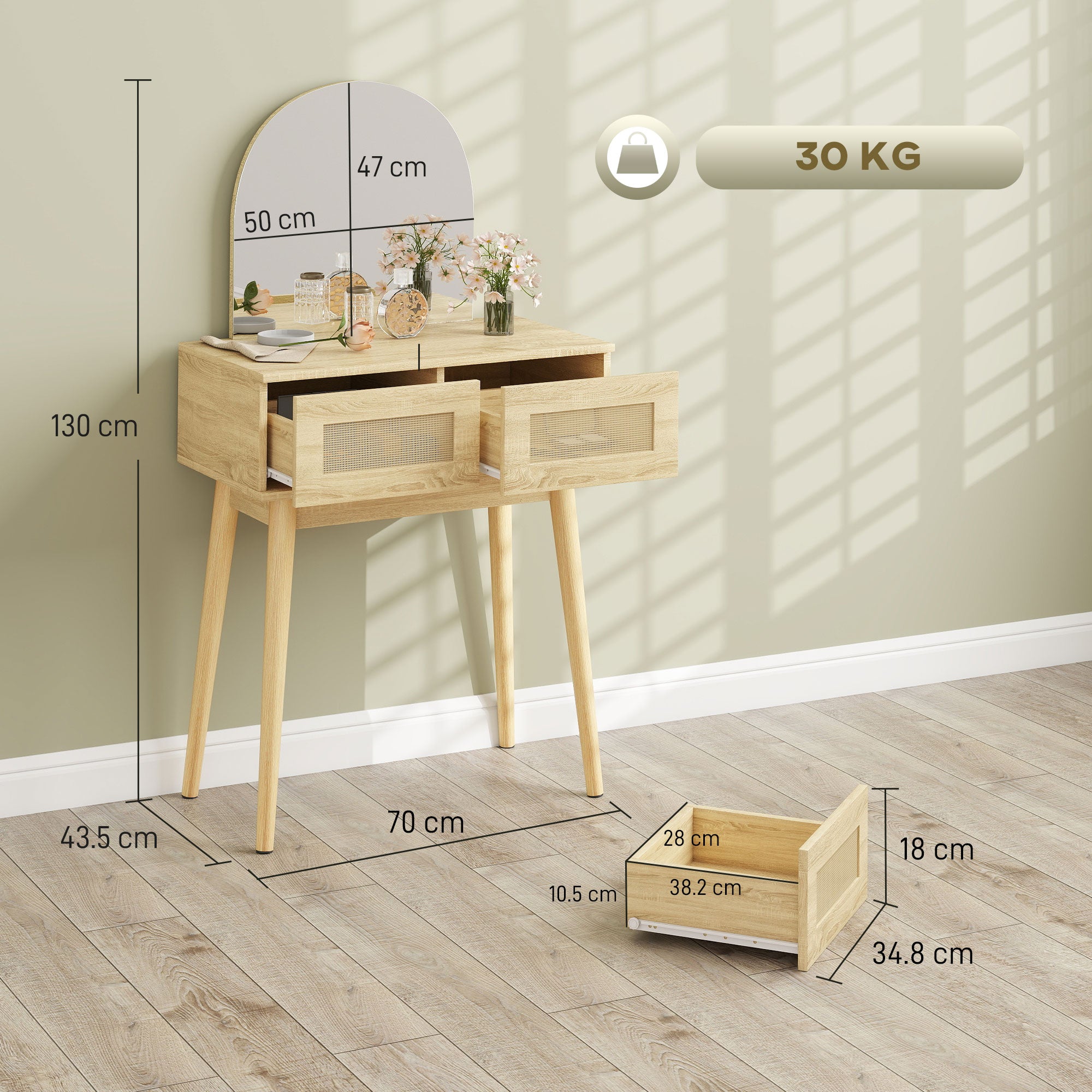 HOMCOM Dressing Table, Compact Vanity Desk with Mirror and 2 Drawers, Natural Wood Finish 