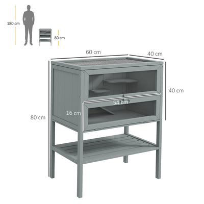 PawHut Wooden Hamster Cage 3 Tier House w/ Storage Shelf, Openable Top for Gerbils, Grey 