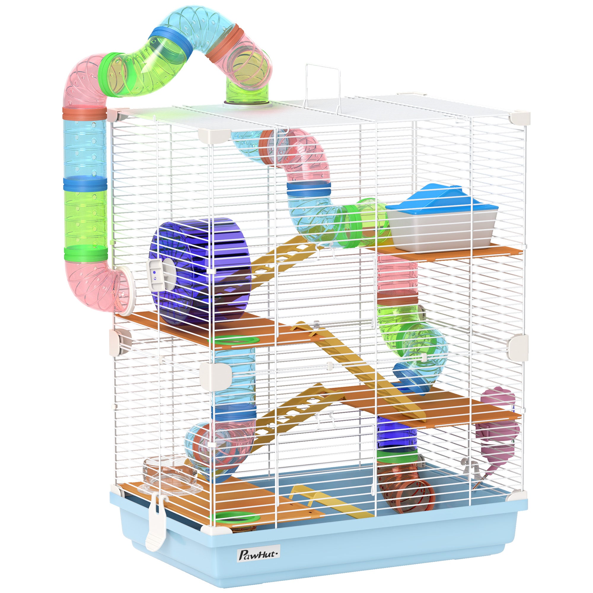 PawHut 5 Tier Hamster Cage Carrier Habitat w/ Exercise Wheels, Tunnel, Light Blue 