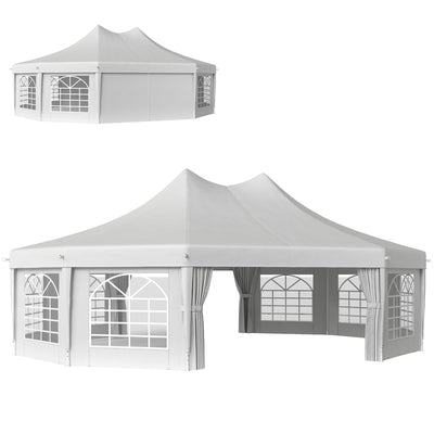 Outsunny 10 Sides Decagonal Garden Gazebo Marquee Party Tent Wedding Canopy Outdoor Heavy Duty Metal Frame (8.9m x 6.5m) - White 