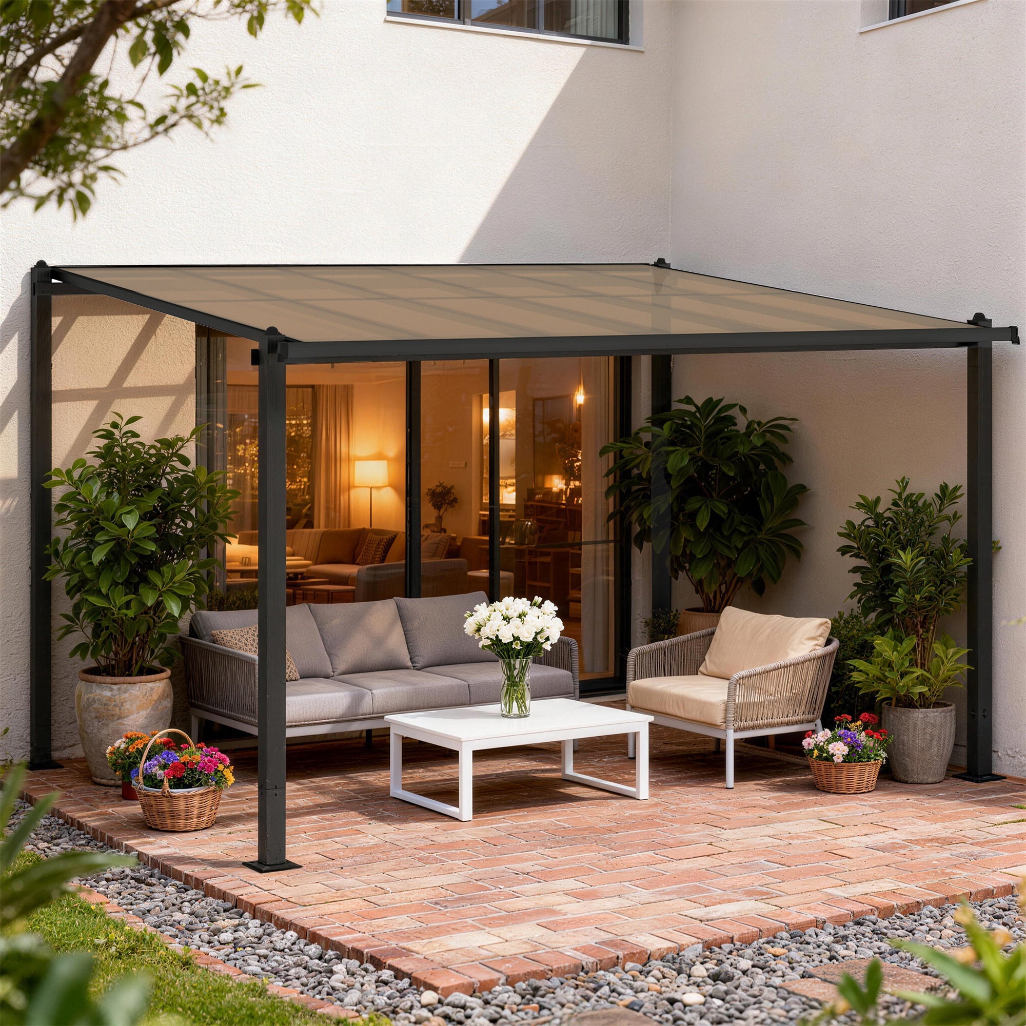 Outsunny 3.6 x 3 m Lean to Garden Pergola with PC Roof, Aluminium Frame Hardtop Gazebo Pergola with Drainage Gutters, Dark Grey 