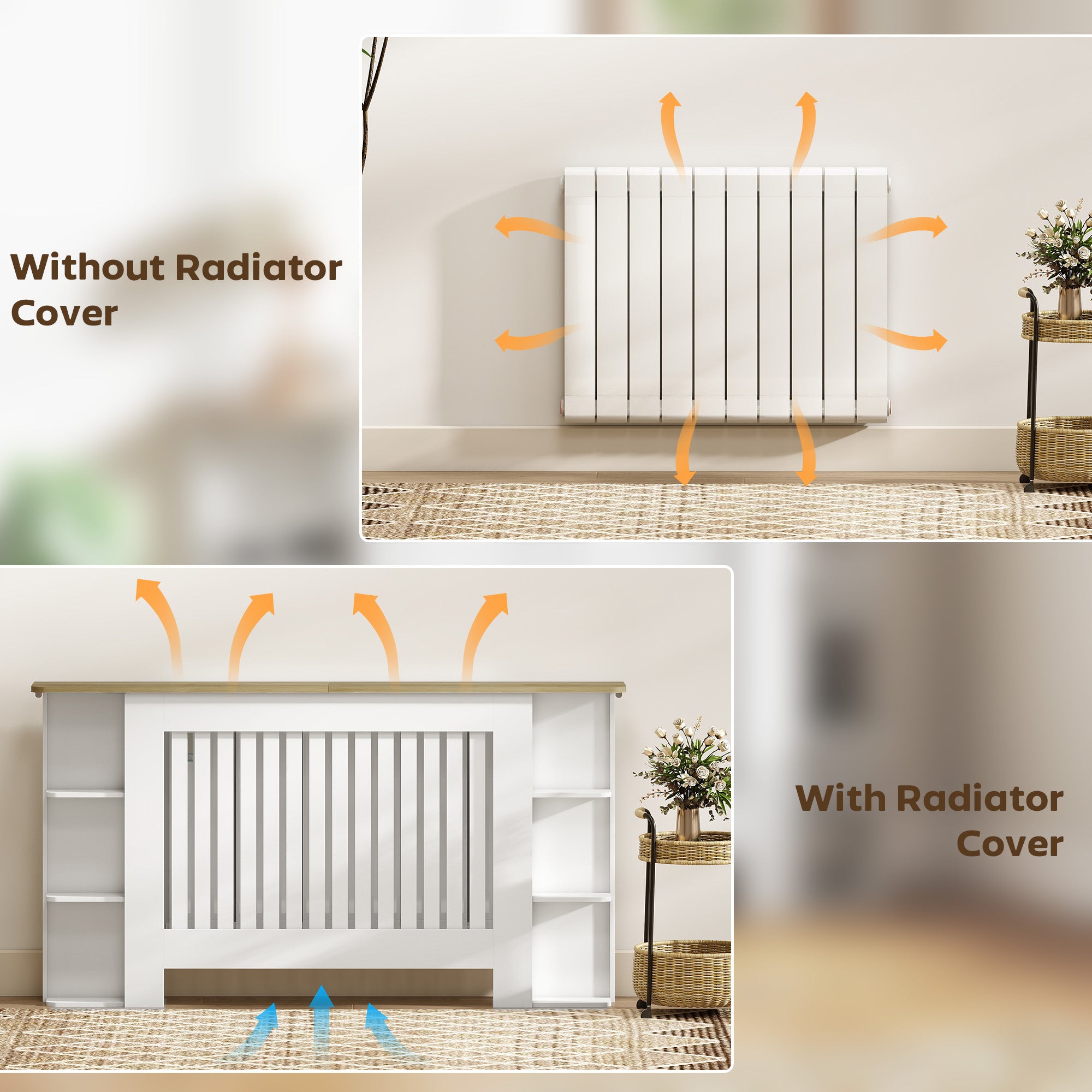 HOMCOM Radiator Cover with Open Storage Shelves, Vertical Slatted Cabinet Shelf Heater Cover for Living Room, Hallway, Large, White 