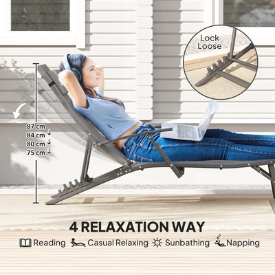 Outsunny Set of 2 Folding Sun Loungers for Garden, 4 Positions Adjustable Outdoor Chaise Lounge Chairs with Armrests, Pillows, Steel Frame, Sunbed Recliners for Patio, Beach and Poolside, Grey 