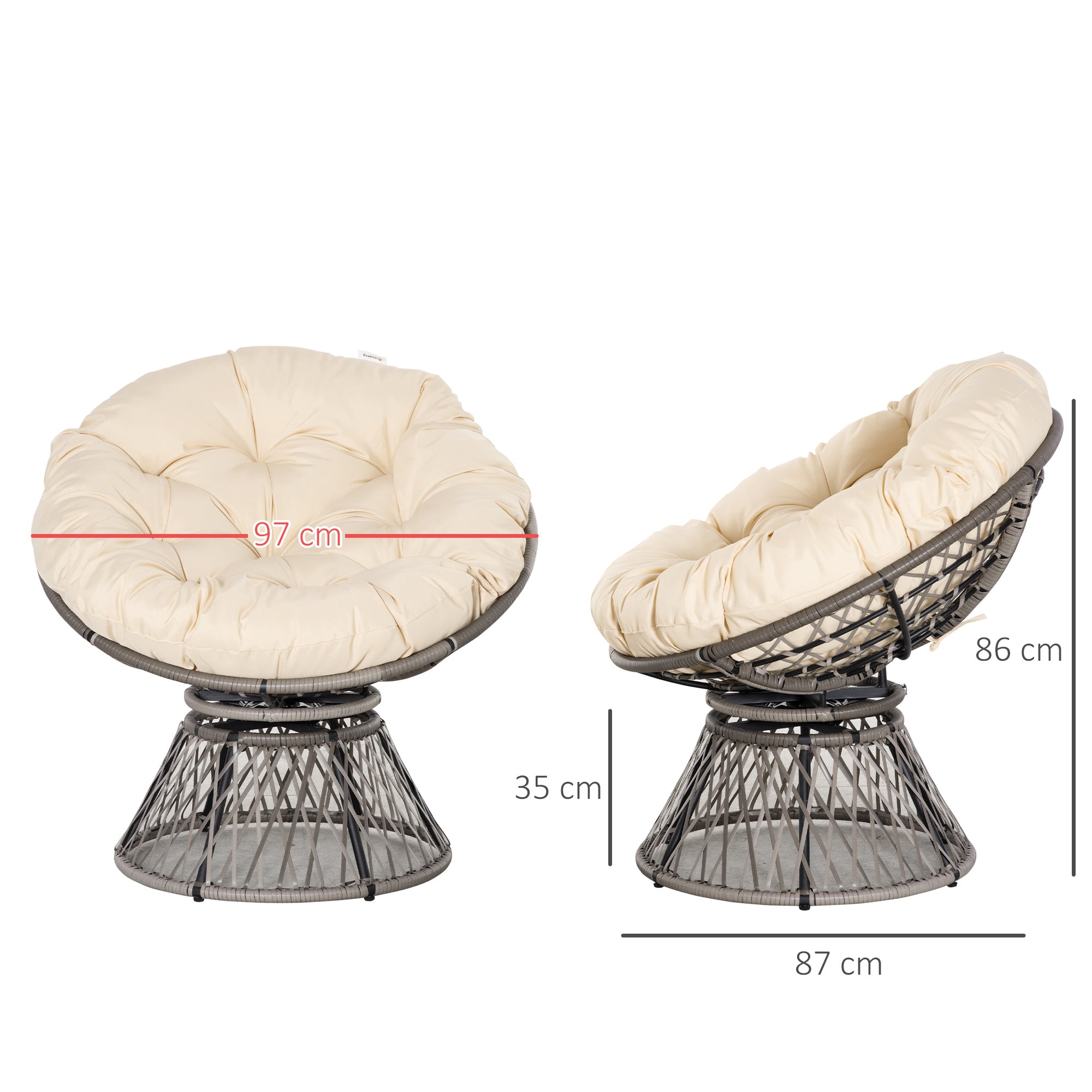 Outsunny 360° Swivel Rattan Moon Bowl Chair Round Lounge Garden Wicker Basket Seat with Padded Cushion Oversized for Outdoor Indoor, Beige 