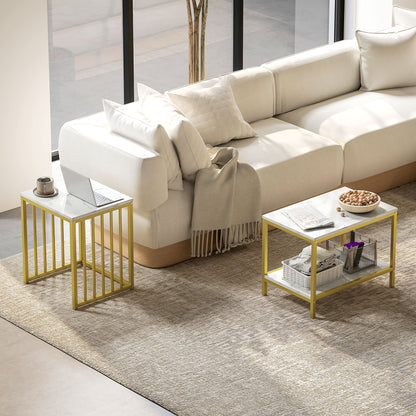 HOMCOM Modern Coffee Table Set of Two, Marble-Effect Nesting Side Tables with Steel Frame for Living Room, Gold Tone 