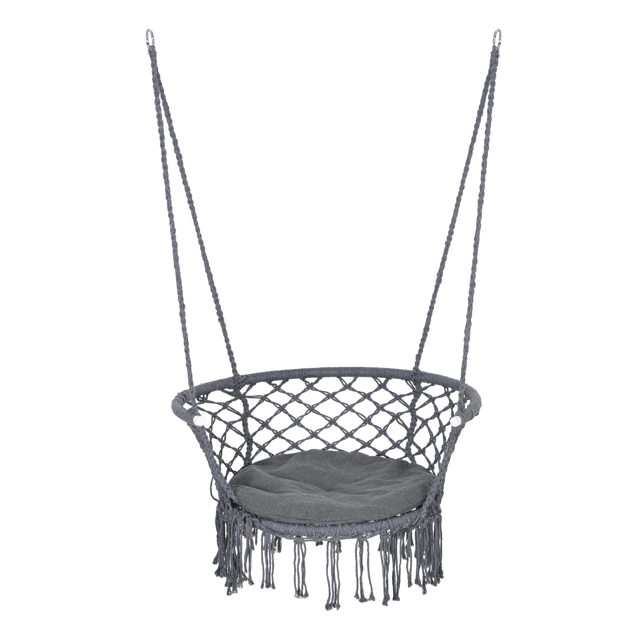 Outsunny Outdoor Hanging Rope Chair with Cotton Rope, Cotton-Polyester Blend Macrame Garden Hammock Chair with Seat Cushion, Support Backrest, for Patio, Garden, Porch, Dark Grey 