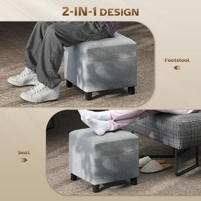 HOMCOM Square Footstool, Small Ottoman with Side Pocket, Linen Fabric Footrest Foot Stool with Rubber Wood Legs and Padded Seat for Living Room, Bedroom, Entryway, 35 x 35 x 35cm, Light Grey 