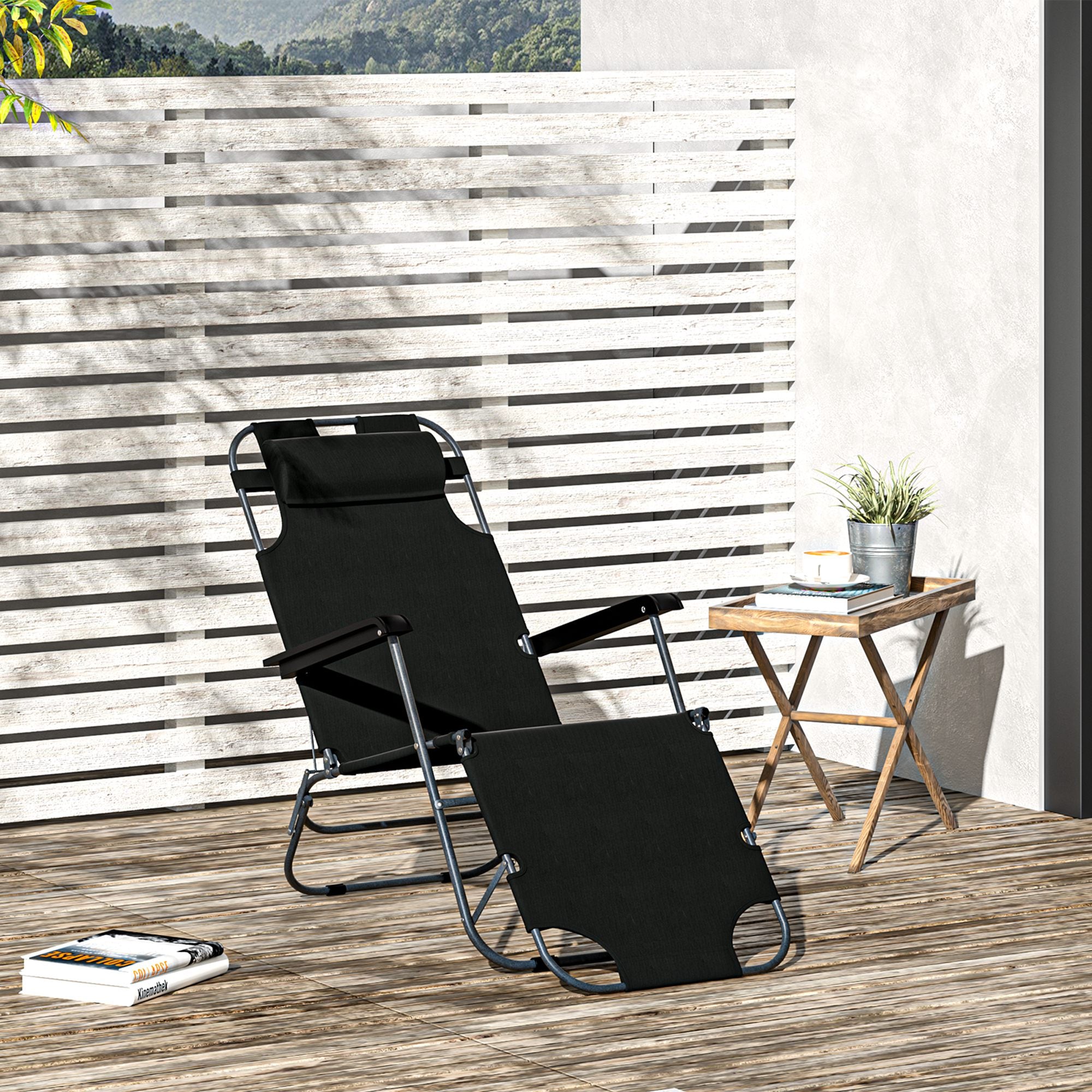 Outsunny Metal Frame 2 In 1 Sun Lounger w/ Pillow Black 