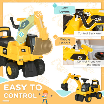 HOMCOM CAT Licensed Kids Ride on Digger Toddler Pretend Construction Play Toy Foot-To-Floor Ride-On Toy w/ Manual Shovel, Horn, Hidden Storage, for Ages 1-3 Years 