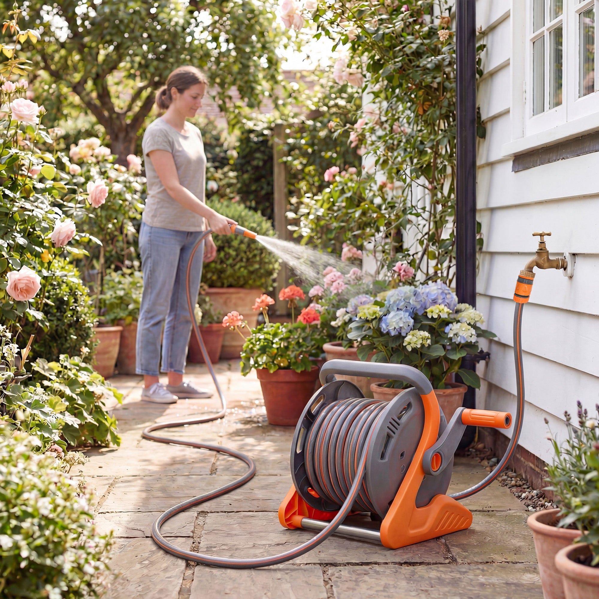 Outsunny Portable Garden Hose Reel, 20+2 m Wall Mounted Hose Reel with 2 Patterns Spray Nozzle and Crank Handle, Orange 