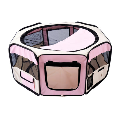 PawHut Portable Cat Dog Playpen Pet Puppy Rabbit Guinea Pig Pen Run Dia 90 x 41H cm Indoor & Outdoor Pink 