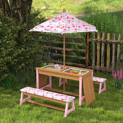 AIYAPLAY Kids Picnic Table Set with Removable & Foldable Umbrella, Cushions, Storage Boxes, Flamingo Theme, Pink 