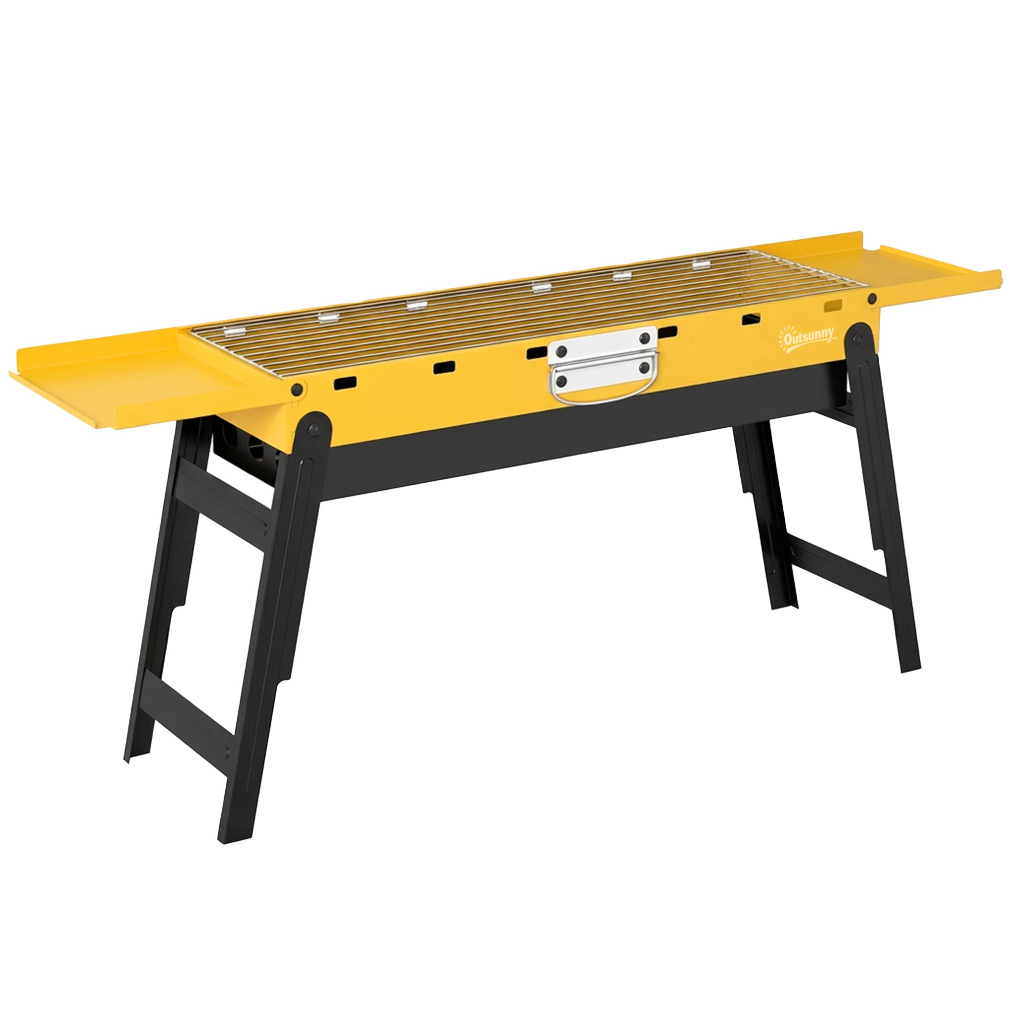 Outsunny Portable BBQ Grill, Foldable Charcoal Grill for Camping and Picnics with 2 Side Shelves and Handle, Yellow 