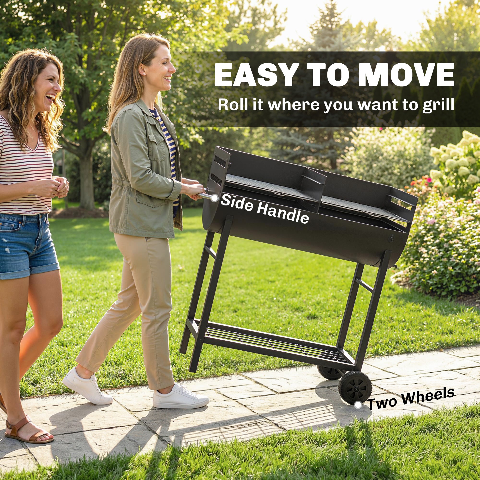 Outsunny Charcoal Barbecue Grill with 2 Cooking Areas, Portable BBQ Trolley with Wheels, Height Adjustable Grates, Bottom Shelf 