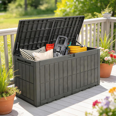 Outsunny 440L Garden Storage Box, Waterproof & UV Resistant Resin Deck Box with Lockable Lid, Pneumatic Gas Rods, Side Handles 