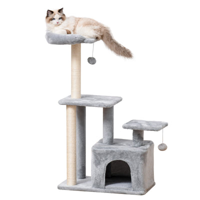 PawHut Cat Tree Tower for Indoor Cats 114cm Climbing Activity Centre Kitten with Sisal Scratching Post Perch Hanging Ball Condo Toy Light Grey 
