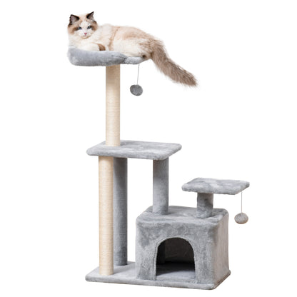 PawHut Cat Tree Tower for Indoor Cats 114cm Climbing Activity Centre Kitten with Sisal Scratching Post Perch Hanging Ball Condo Toy Light Grey 