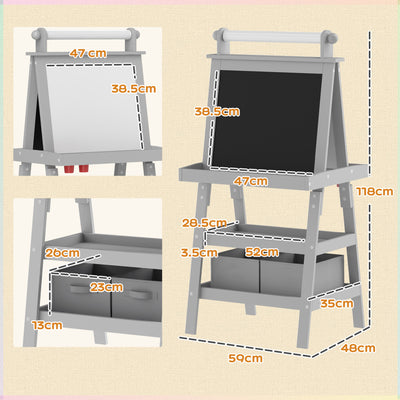 AIYAPLAY 3 in 1 Kids Easel Double-Sided Magnetic Whiteboard and Chalkboard with Paper Roll, Storage Baskets - Grey 