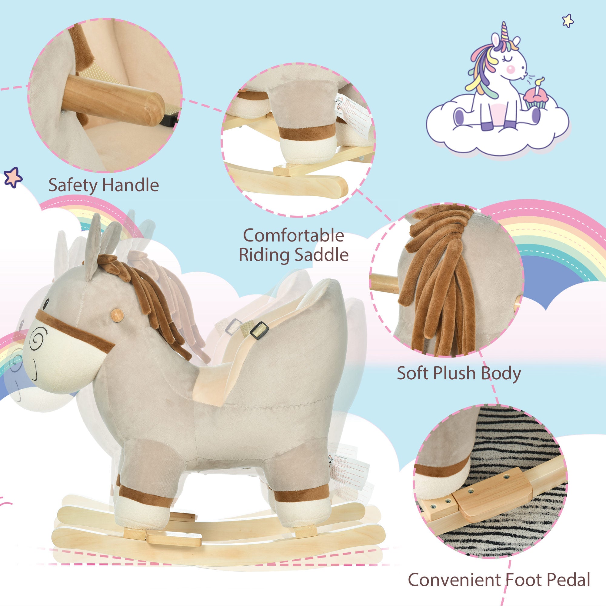 HOMCOM Kids Children Rocking Horse Plush Ride On Donkey Seat w/ Sound Wood Base Seat Safety Belt Toddler Baby Toy Rocker Grey 18 - 36 Months 