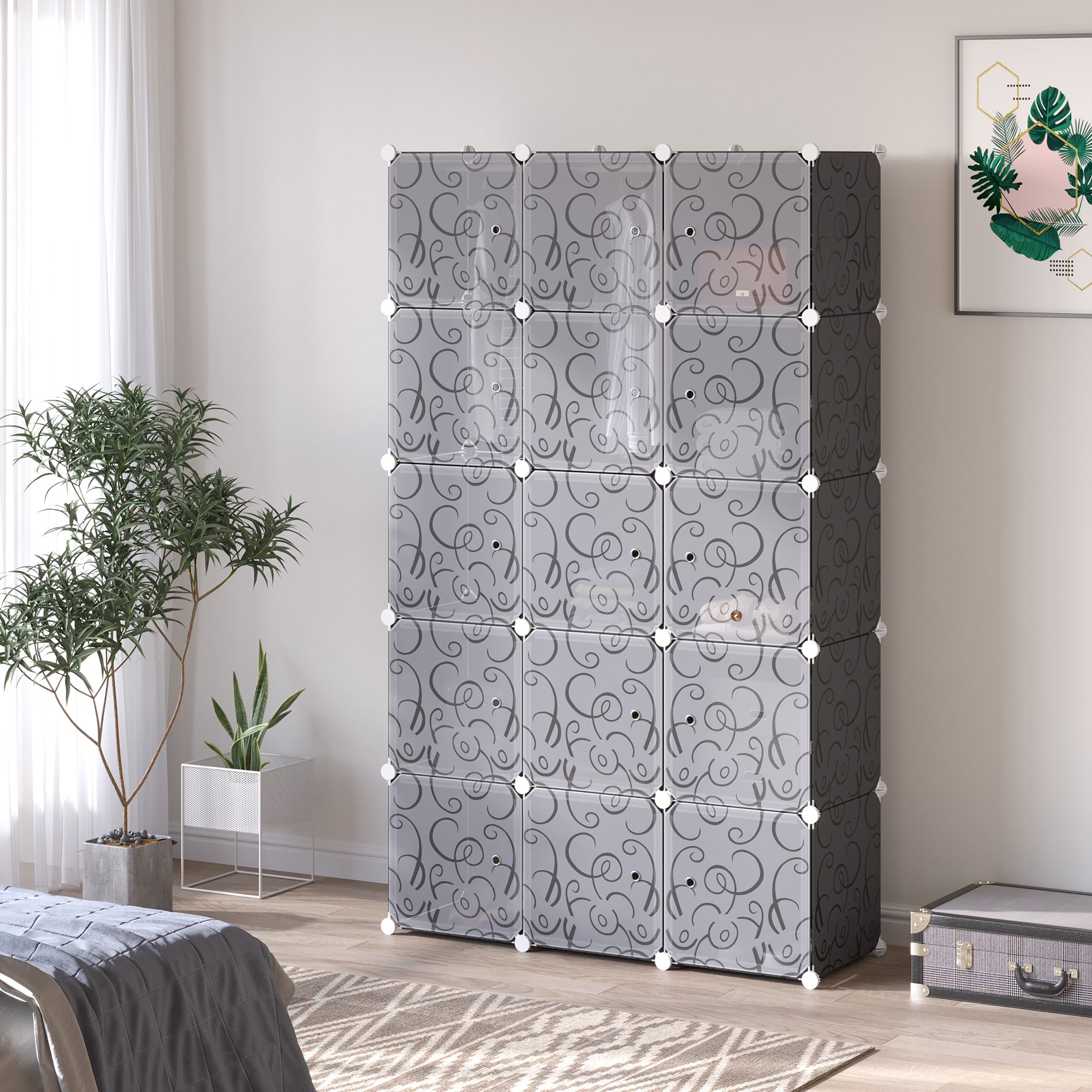 HOMCOM Portable Wardrobe for Bedroom, 15 Cube Closet with Hanging Rail, Modular Storage Cabinet, Plastic Armoire for Space Saving, White and Black 