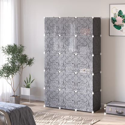 HOMCOM Portable Wardrobe for Bedroom, 15 Cube Closet with Hanging Rail, Modular Storage Cabinet, Plastic Armoire for Space Saving, White and Black 