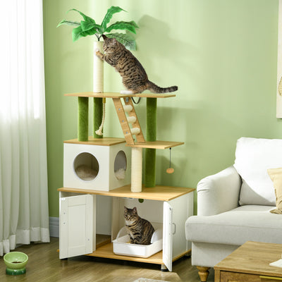 PawHut 2-in-1 Hidden Cat Litter Box, Green Leaf Cat Tree, with House, Ladder, Scratching Posts, Platforms, Indoors -Oak 