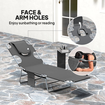 Outsunny Foldable Sun Lounger Set of 2, Beach Chaise Lounge with Reading Hole, Arm Slots, 5-Position Adjustable Backrest, Side Pocket, Pillow for Garden, Beach, Pool, Dark Grey 