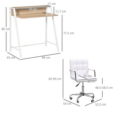 HOMCOM Home Office Chair and Computer Desk Set, Faux Leather Desk Chair with Swivel Wheels, Study Desk with Storage Shelf, White 