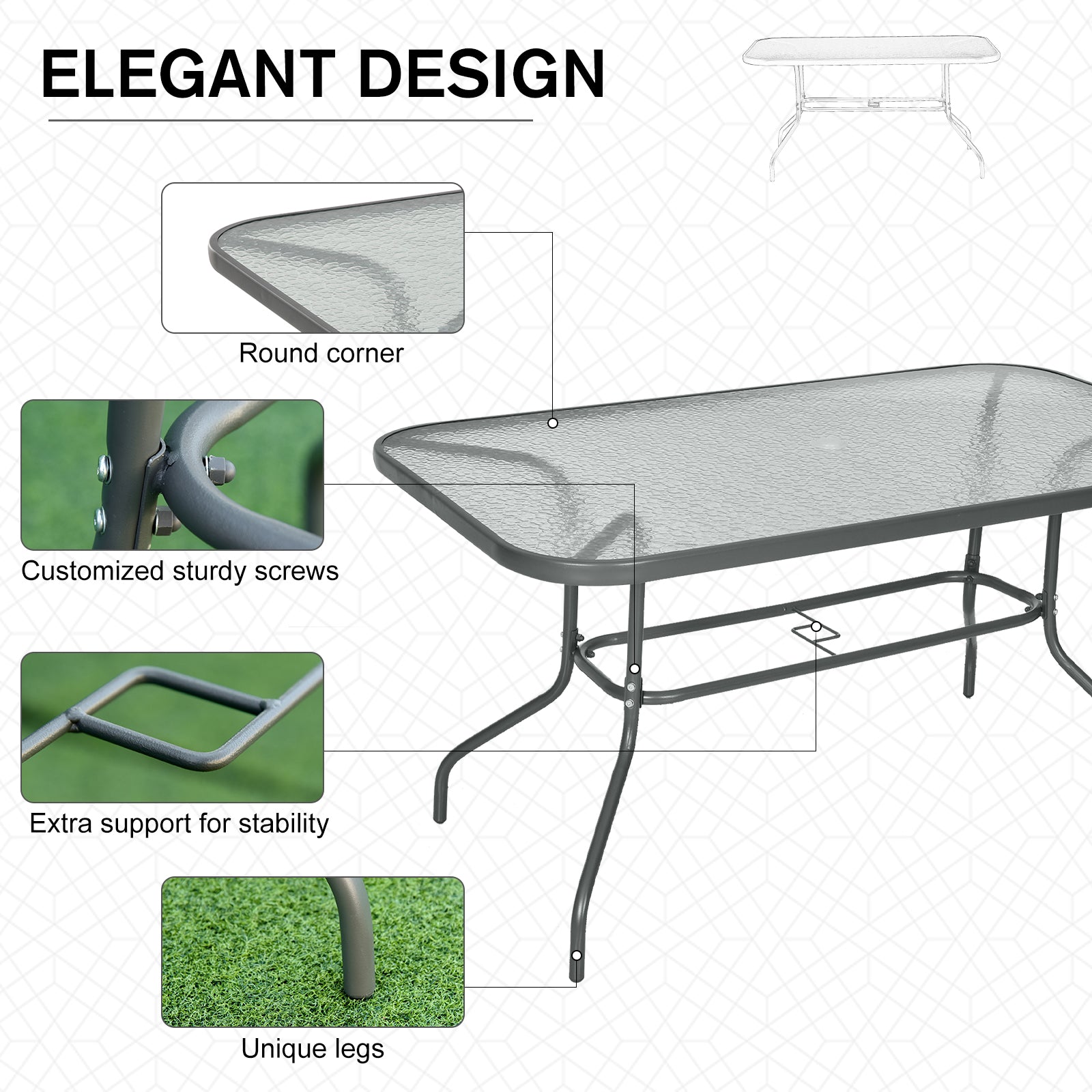 Outsunny Garden Dining Table Glass Top Metal Frame with Parasol Hole Outdoor Balcony Grey 140L x 80Wcm 