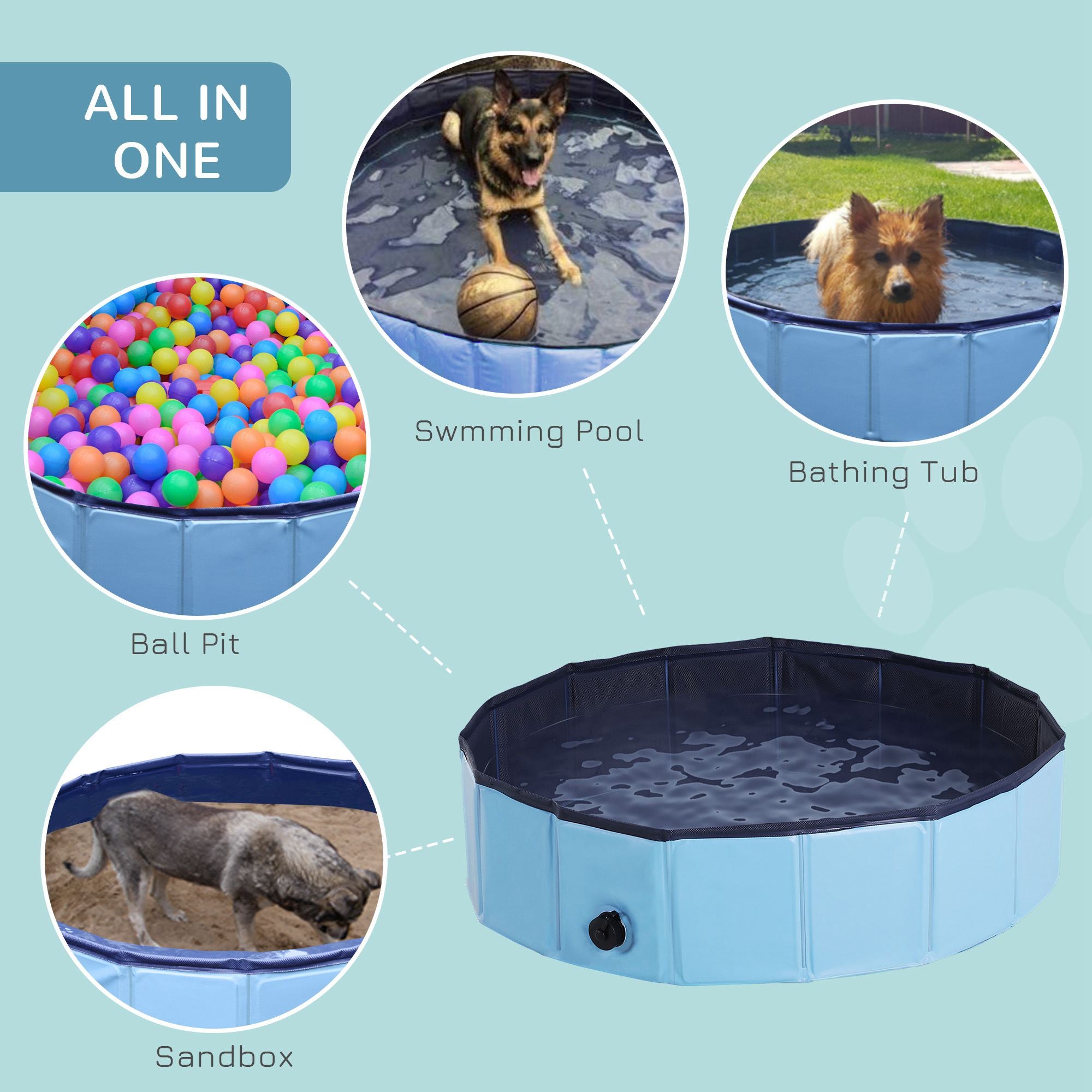 PawHut Foldable Dog Paddling Pool Pet Cat Swimming Pool Indoor/Outdoor Collapsible Summer Bathing Tub Shower Tub Puppy Washer (Φ80 × 20H cm, Blue) 
