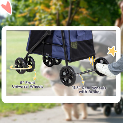 PawHut Dog Pram Dog Stroller 4 Wheels Pet Pushchair with Rolling Door, Cushion, Safety Leashes, for Small and Medium Dogs, Dark Blue 