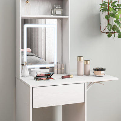 HOMCOM Small Vanity Desk with Mirror and LED Lights, Compact Dressing Table with Drop Leaf, Open Shelves and Drawer, White 
