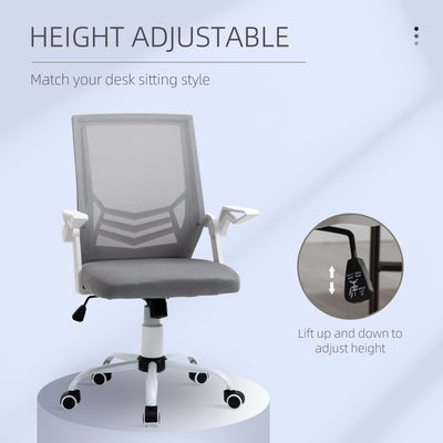 Vinsetto Home Office Chair and Computer Desk Set, Mesh Chair with with 90° Flip-up Armrest, Study Desk with Keyboard Tray and Drawer, White and Grey 