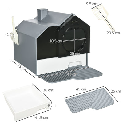 PawHut Hooded Cat Litter Tray with Scoop, Cat Litter Box with Drawer Pan, Handle, Deodorants, Hut Design, Front Entrance, 47 x 45 x 42cm - Grey 