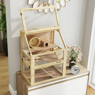 PawHut Wooden Hamster Cage with Detachable 32cm Deep Bottom, Hut, Seesaw, Exercise Wheel, Ramps, 60 x 40 x 75cm 