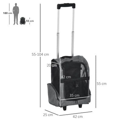 PawHut Pet Travel Backpack Bag Cat Puppy Dog Carrier w/ Trolley and Telescopic Handle Portable Stroller Wheel Luggage Bag (Grey) 