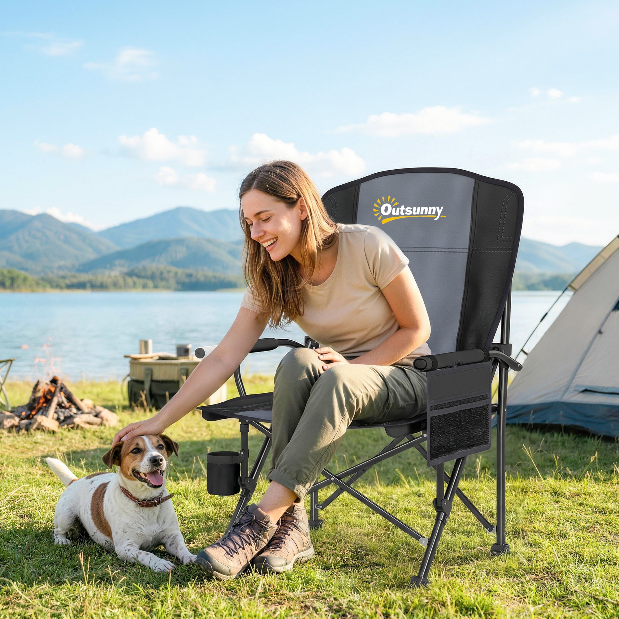 Outsunny Padded Camping Chair Adults Heavy Duty Folding Chair Side Pocket Cup Holder Carry Bag Outdoor Black 