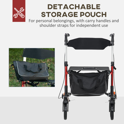 HOMCOM Folding Rollator Walker with Seat and Backrest, Lightweight Walking Frame with Detachable Storage Bag, Dual Brakes, Adjustable Handle Height, 4 Wheeled Walker for Seniors, Handicapped, Red 