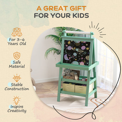 AIYAPLAY 3 in 1 Kids Easel Double-Sided Magnetic Whiteboard and Chalkboard with Paper Roll, Storage Baskets - Green 