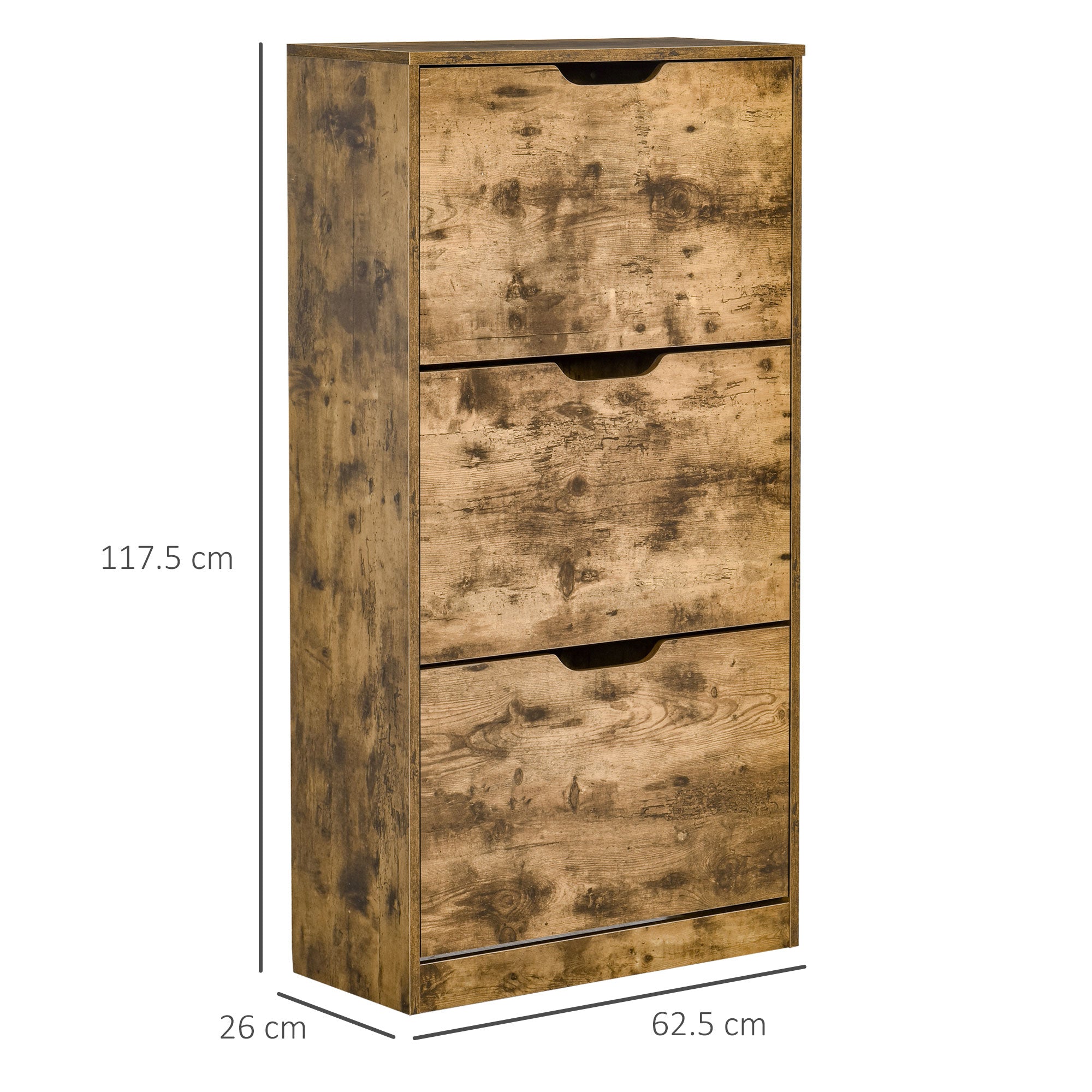HOMCOM Industrial Shoe Cabinet with 3 Flip Drawers, Narrow Shoe Storage Cabinet for 18 Pairs, Freestanding Slim Shoe Storage Organiser for Entryway, Hallway, Rustic Brown 