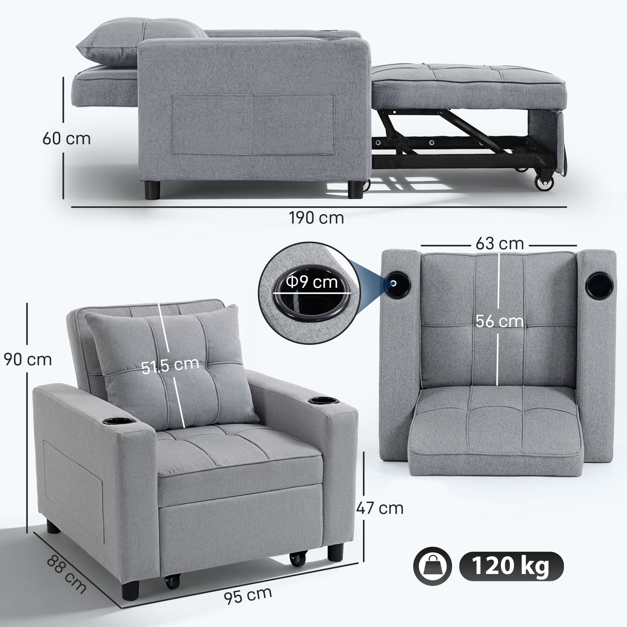 HOMCOM 3-in-1 Single Sofa Bed, Convertible Sleeper Chair Bed - Light Grey 